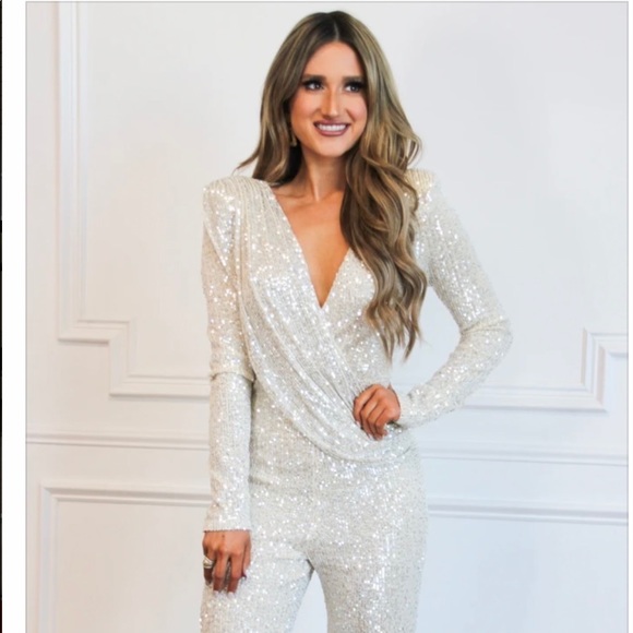 bella and bloom Pants - HERE FOR THE PARTY SEQUIN JUMPSUIT: CHAMPAGNE